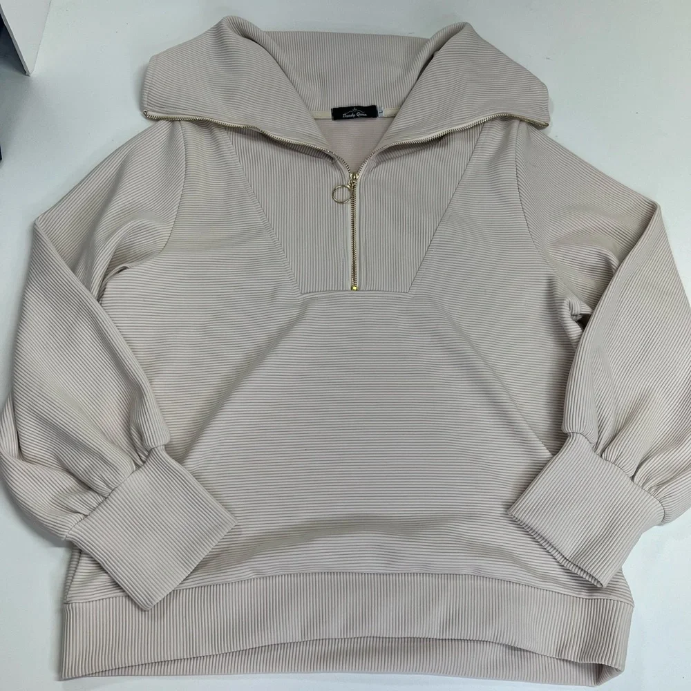 Trendy Queen Half Zip Pullover Sweatshirt Size Large NEW Beige - Picture 2 of 14